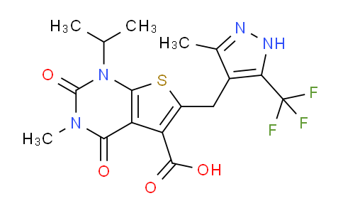 CAS No. 733810-92-9, 1-Isopropyl-3-methyl-6-((3-methyl-5-(trifluoromethyl)-1H-pyrazol-4-yl)methyl)-2,4-dioxo-1,2,3,4-tetrahydrothieno[2,3-d]pyrimidine-5-carboxylic acid