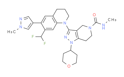 CAS No. 1936422-33-1, 3-(7-(Difluoromethyl)-6-(1-methyl-1H-pyrazol-4-yl)-3,4- dihydroquinolin-1(2H)-yl)-N-methyl-1-(tetrahydro-2H- pyran-4-yl)-1,4,6,7-tetrahydro-5H-pyrazolo[4,3- c]pyridine-5-carboxamide