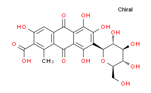 CAS No. 1260-17-9, 3,5,6,8-Tetrahydroxy-1-methyl-9,10-dioxo-7-((2S,3R,4R,5S,6R)-3,4,5-trihydroxy-6-(hydroxymethyl)tetrahydro-2H-pyran-2-yl)-9,10-dihydroanthracene-2-carboxylic acid