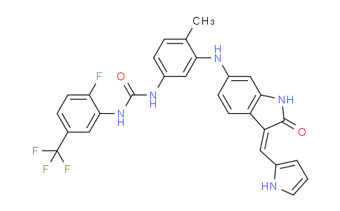 CAS No. 1033769-28-6, (Z)-1-(3-((3-((1H-Pyrrol-2-yl)methylene)-2-oxoindolin-6-yl)amino)-4-methylphenyl)-3-(2-fluoro-5-(trifluoromethyl)phenyl)urea