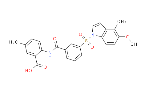 CAS No. 1067214-81-6, 2-(3-((5-Methoxy-4-methyl-1H-indol-1-yl)sulfonyl)benzamido)-5-methylbenzoic acid