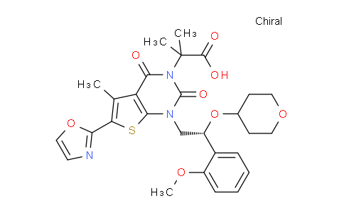 CAS No. 1434635-54-7, 2-[1-[(2R)-2-(2-methoxyphenyl)-2-(oxan-4-yloxy)ethyl]-5-methyl-6-(1,3-oxazol-2-yl)-2,4-dioxothieno[2,3-d]pyrimidin-3-yl]-2-methylpropanoic acid