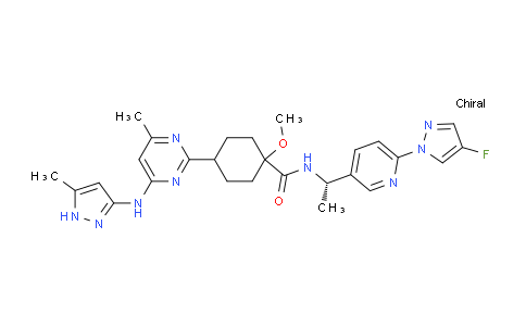 CAS No. 2097132-94-8, N-[(1S)-1-[6-(4-fluoropyrazol-1-yl)pyridin-3-yl]ethyl]-1-methoxy-4-[4-methyl-6-[(5-methyl-1H-pyrazol-3-yl)amino]pyrimidin-2-yl]cyclohexane-1-carboxamide