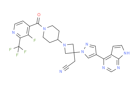 CAS No. 1334298-90-6, 2-[1-[1-[3-fluoro-2-(trifluoromethyl)pyridine-4-carbonyl]piperidin-4-yl]-3-[4-(7H-pyrrolo[2,3-d]pyrimidin-4-yl)pyrazol-1-yl]azetidin-3-yl]acetonitrile