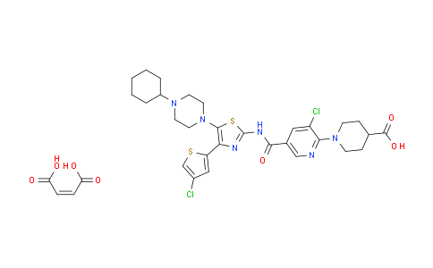 CAS No. 677007-74-8, (Z)-but-2-enedioic acid;1-[3-chloro-5-[[4-(4-chlorothiophen-2-yl)-5-(4-cyclohexylpiperazin-1-yl)-1,3-thiazol-2-yl]carbamoyl]pyridin-2-yl]piperidine-4-carboxylic acid