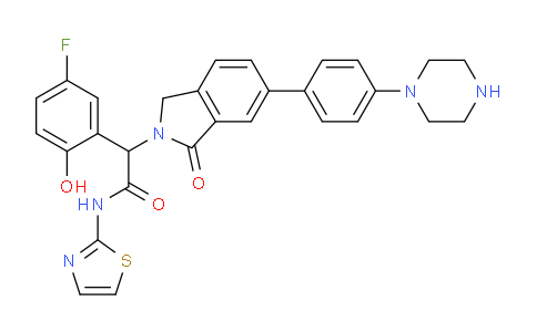 CAS No. 2140807-05-0, 2-(5-fluoro-2-hydroxyphenyl)-2-[3-oxo-5-(4-piperazin-1-ylphenyl)-1H-isoindol-2-yl]-N-(1,3-thiazol-2-yl)acetamide