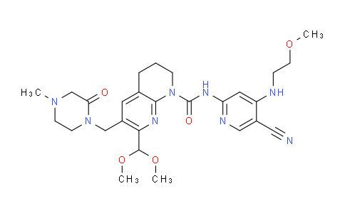 CAS No. 1708975-26-1, 1,8-Naphthyridine-1(2H)-carboxamide, N-[5-cyano-4-[(2-methoxyethyl)amino]-2-pyridinyl]-7-(dimethoxymethyl)-3,4-dihydro-6-[(4-methyl-2-oxo-1-piperazinyl)methyl]-