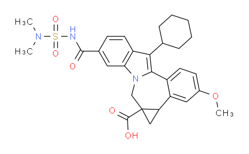 CAS No. 928843-70-3, 12-cyclohexyl-9-((N,N-dimethylsulfamoyl)carbamoyl)-3-methoxy-4b,5-dihydrobenzo[3,4]cyclopropa[5,6]azepino[1,2-a]indole-5a(6H)-carboxylic acid