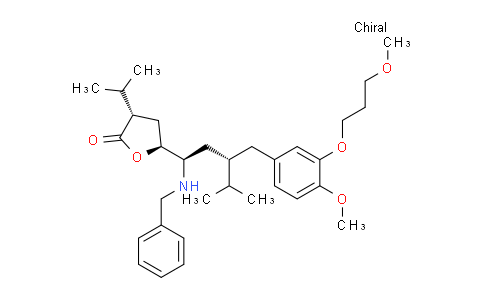 CAS No. 1206809-47-3, 2(3H)-Furanone, 5-[(1R,3S)-3-[[4-methoxy-3-(3-methoxypropoxy)phenyl]methyl]-4-methyl-1-[(phenylmethyl)amino]pentyl]dihydro-3-(1-methylethyl)-, (3S,5S)-