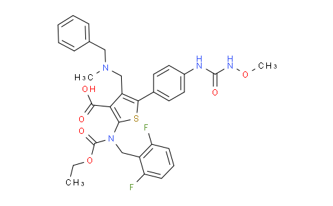 CAS No. 308831-99-4, 4-((benzyl(methyl)amino)methyl)-2-((2,6-difluorobenzyl)(ethoxycarbonyl)amino)-5-(4-(3-methoxyureido)phenyl)thiophene-3-carboxylic acid