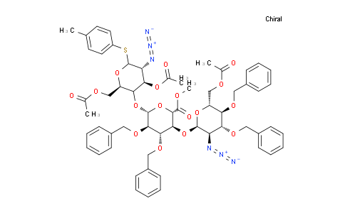 DY743078 | 1491156-81-0 | methyl (2S,3S,4S,5R,6R)-6-(((2R,4R,5R)-4-acetoxy-2-(acetoxymethyl)-5-azido-6-(p-tolylthio)tetrahydro-2H-pyran-3-yl)oxy)-3-(((2R,3R,4R,5S,6R)-6-(acetoxymethyl)-3-azido-4,5-bis(benzyloxy)tetrahydro-2H-pyran-2-yl)oxy)-4,5-bis(benzyloxy)tetrahydro-2H-pyran-2-