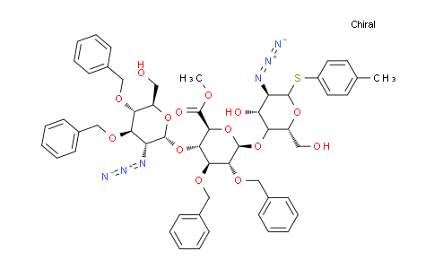 CAS No. 1491156-79-6, methyl (2S,3S,4S,5R,6R)-3-(((2R,3R,4R,5S,6R)-3-azido-4,5-bis(benzyloxy)-6-(hydroxymethyl)tetrahydro-2H-pyran-2-yl)oxy)-6-(((2R,4R,5R)-5-azido-4-hydroxy-2-(hydroxymethyl)-6-(p-tolylthio)tetrahydro-2H-pyran-3-yl)oxy)-4,5-bis(benzyloxy)tetrahydro-2H-pyran-2-