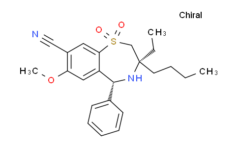 CAS No. 1345983-43-8, 1,4-Benzothiazepine-8-carbonitrile, 3-butyl-3-ethyl-2,3,4,5-tetrahydro-7-methoxy-5-phenyl-, 1,1-dioxide, (3R,5R)-