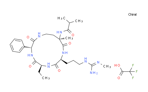 CAS No. 2097887-21-1, N-[(3R,6S,9S,12R)-6-ethyl-12-methyl-9-[3-[(N'-methylcarbamimidoyl)amino]propyl]-2,5,8,11-tetraoxo-3-phenyl-1,4,7,10-tetrazacyclotetradec-12-yl]-2-methylpropanamide;2,2,2-trifluoroacetic acid