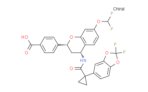 CAS No. 1918143-53-9, 4-[(2R,4R)-4-({[1-(2,2-Difluoro-1,3-benzodioxol-5-yl)cyclopropyl]carbonyl}amino)-7-(difluoromethoxy)-3,4-dihydro-2H-chromen-2-yl]benzoic acid