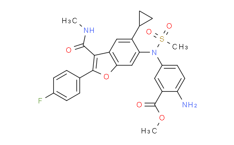 CAS No. 1423007-84-4, methyl 5-{N-[5-cyclopropyl-2-(4-fluorophenyl)-3-(methylcarbamoyl)-1-benzofuran-6-yl]methanesulfonamido}-2-aminobenzoate