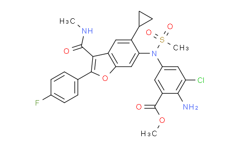 CAS No. 1423007-85-5, methyl 2-amino-3-chloro-5-{N-[5-cyclopropyl-2-(4-fluorophenyl)-3-(methylcarbamoyl)-1-benzofuran-6-yl]methanesulfonamido}benzoate