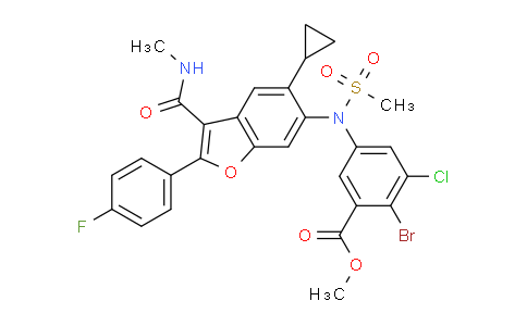 CAS No. 1423007-86-6, methyl 2-bromo-3-chloro-5-{N-[5-cyclopropyl-2-(4-fluorophenyl)-3-(methylcarbamoyl)-1-benzofuran-6-yl]methanesulfonamido}benzoate