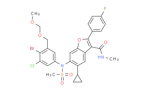 CAS No. 1423007-87-7, 6-(N-(4-bromo-3-chloro-5-((methoxymethoxy)methyl)phenyl)methanesulfonamido)-5- cyclopropyl-2-(4-fluorophenyl)-N-methylbenzofuran-3-carboxamide