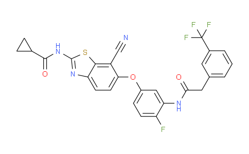 CAS No. 1228591-30-7, N-(7-Cyano-6-(4-fluoro-3-(2-(3-(trifluoromethyl)phenyl)acetamido)phenoxy)benzo[d]thiazol-2-yl)cyclopropanecarboxamide