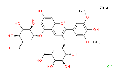 CAS No. 16727-30-3, 7-hydroxy-2-(4-hydroxy-3,5-dimethoxyphenyl)-3,5-bis(((2S,3R,4S,5S,6R)-3,4,5-trihydroxy-6-(hydroxymethyl)tetrahydro-2H-pyran-2-yl)oxy)chromenylium chloride