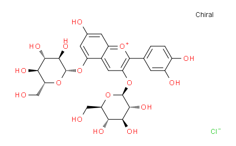 CAS No. 2611-67-8, 2-(3,4-dihydroxyphenyl)-7-hydroxy-3,5-bis(((2S,3R,4S,5S,6R)-3,4,5-trihydroxy-6-(hydroxymethyl)tetrahydro-2H-pyran-2-yl)oxy)chromenylium chloride