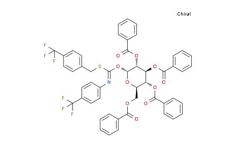CAS No. 428816-48-2, (2R,3R,4S,5R,6R)-2-((Benzoyloxy)methyl)-6-(((4-(trifluoromethyl)benzyl)thio)((4-(trifluoromethyl)phenyl)imino)methoxy)tetrahydro-2H-pyran-3,4,5-triyl tribenzoate