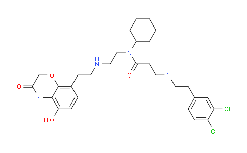 CAS No. 1035227-43-0, N-cyclohexyl-3-((3,4-dichlorophenethyl)amino)-N-(2-((2-(5-hydroxy-3-oxo-3,4-dihydro-2H-benzo[b][1,4]oxazin-8-yl)ethyl)amino)ethyl)propanamide