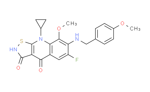 CAS No. 936255-65-1, 9-Cyclopropyl-6-fluoro-8-methoxy-7-((4-methoxybenzyl)amino)isothiazolo[5,4-b]quinoline-3,4(2H,9H)-dione