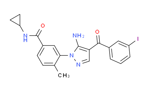 CAS No. 836682-66-7, 3-(5-amino-4-(3-iodobenzoyl)-1H-pyrazol-1-yl)-N-cyclopropyl-4-methylbenzamide