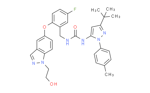 CAS No. 945614-12-0, 1-(3-(tert-butyl)-1-(p-tolyl)-1H-pyrazol-5-yl)-3-(5-fluoro-2-((1-(2-hydroxyethyl)-1H-indazol-5-yl)oxy)benzyl)urea