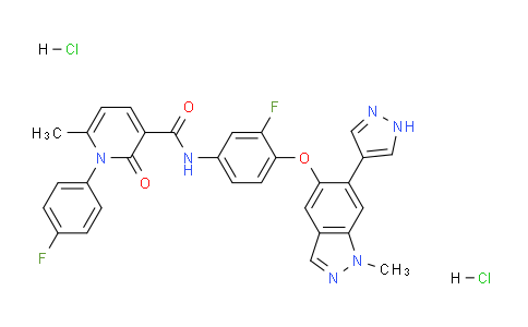 CAS No. 1206801-37-7, N-(3-fluoro-4-((1-methyl-6-(1H-pyrazol-4-yl)-1H-indazol-5-yl)oxy)phenyl)-1-(4-fluorophenyl)-6-methyl-2-oxo-1,2-dihydropyridine-3-carboxamide dihydrochloride