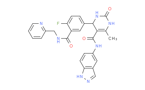 CAS No. 1813527-81-9, 4-(4-Fluoro-3-((pyridin-2-ylmethyl)carbamoyl)phenyl)-N-(1H-indazol-5-yl)-6-methyl-2-oxo-1,2,3,4-tetrahydropyrimidine-5-carboxamide