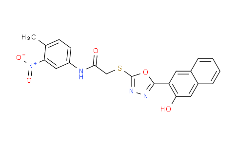 CAS No. 332377-38-5, 2-((5-(3-Hydroxynaphthalen-2-yl)-1,3,4-oxadiazol-2-yl)thio)-N-(4-methyl-3-nitrophenyl)acetamide