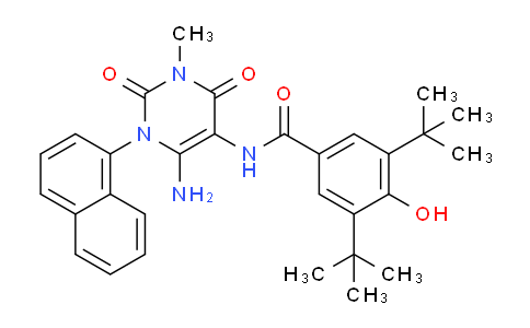 CAS No. 595558-82-0, N-(6-Amino-3-methyl-1-(naphthalen-1-yl)-2,4-dioxo-1,2,3,4-tetrahydropyrimidin-5-yl)-3,5-di-tert-butyl-4-hydroxybenzamide
