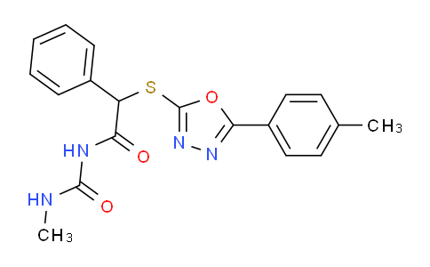 CAS No. 875863-22-2, N-(methylcarbamoyl)-2-phenyl-2-((5-(p-tolyl)-1,3,4-oxadiazol-2-yl)thio)acetamide