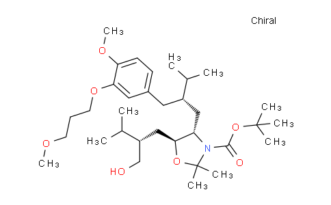 CAS No. 172900-90-2, 3-Oxazolidinecarboxylic acid, 5-[(2S)-2-(hydroxymethyl)-3-methylbutyl]-4-[(2S)-2-[[4-methoxy-3-(3-methoxypropoxy)phenyl]methyl]-3-methylbutyl]-2,2-dimethyl-, 1,1-dimethylethyl ester, (4S,5S)-
