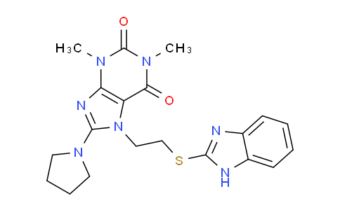 CAS No. 476482-54-9, 7-(2-((1H-Benzo[d]imidazol-2-yl)thio)ethyl)-1,3-dimethyl-8-(pyrrolidin-1-yl)-1H-purine-2,6(3H,7H)-dione