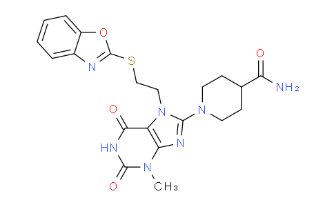 CAS No. 476482-76-5, 1-(7-(2-(Benzo[d]oxazol-2-ylthio)ethyl)-3-methyl-2,6-dioxo-2,3,6,7-tetrahydro-1H-purin-8-yl)piperidine-4-carboxamide