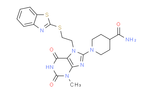 CAS No. 476482-58-3, 1-(7-(2-(Benzo[d]thiazol-2-ylthio)ethyl)-3-methyl-2,6-dioxo-2,3,6,7-tetrahydro-1H-purin-8-yl)piperidine-4-carboxamide