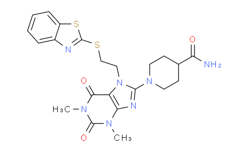 CAS No. 476482-20-9, 1-(7-(2-(Benzo[d]thiazol-2-ylthio)ethyl)-1,3-dimethyl-2,6-dioxo-2,3,6,7-tetrahydro-1H-purin-8-yl)piperidine-4-carboxamide