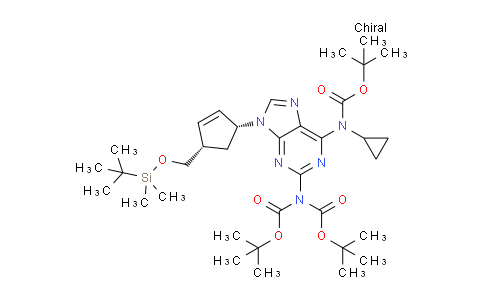 CAS No. 1446418-45-6, tert-butyl (2-(bis(tert-butoxycarbonyl)amino)-9-((1R,4S)-4-(((tert-butyldimethylsilyl)oxy)methyl)cyclopent-2-en-1-yl)-9H-purin-6-yl)(cyclopropyl)carbamate