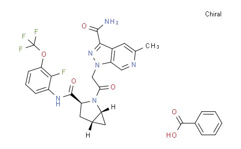 CAS No. 1528664-68-7, 1-(2-((1R,3S,5R)-3-((2-Fluoro-3-(trifluoromethoxy)phenyl)carbamoyl)-2-azabicyclo[3.1.0]hexan-2-yl)-2-oxoethyl)-5-methyl-1H-pyrazolo[3,4-c]pyridine-3-carboxamide benzoate