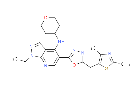 CAS No. 720704-34-7, 5-(5-((2,4-Dimethylthiazol-5-yl)methyl)-1,3,4-oxadiazol-2-yl)-1-ethyl-N-(tetrahydro-2H-pyran-4-yl)-1H-pyrazolo[3,4-b]pyridin-4-amine