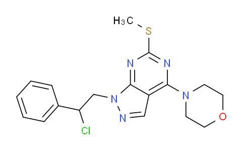 CAS No. 679805-33-5, 4-(1-(2-chloro-2-phenylethyl)-6-(methylthio)-1H-pyrazolo[3,4-d]pyrimidin-4-yl)morpholine