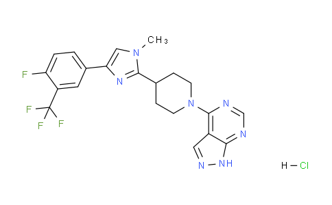 CAS No. 1082948-81-9, 4-(4-(4-(4-fluoro-3-(trifluoromethyl)phenyl)-1-methyl-1H-imidazol-2-yl)piperidin-1-yl)-1H-pyrazolo[3,4-d]pyrimidine hydrochloride