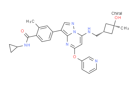 CAS No. 1610759-22-2, N-Cyclopropyl-4-(7-(((cis-3-hydroxy-3-methylcyclobutyl)methyl)amino)-5-(pyridin-3-yloxy)pyrazolo[1,5-a]pyrimidin-3-yl)-2-methylbenzamide