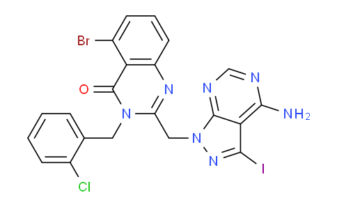 CAS No. 1293915-64-6, 2-((4-Amino-3-iodo-1H-pyrazolo[3,4-d]pyrimidin-1-yl)methyl)-5-bromo-3-(2-chlorobenzyl)quinazolin-4(3H)-one