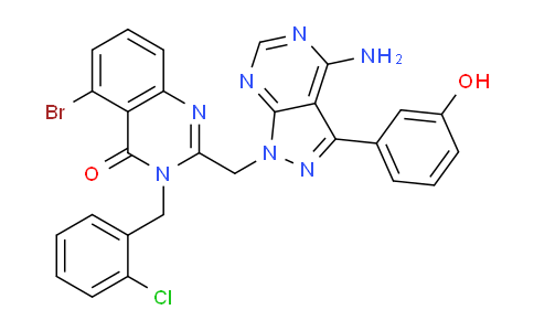 CAS No. 1293915-65-7, 2-((4-Amino-3-(3-hydroxyphenyl)-1H-pyrazolo[3,4-d]pyrimidin-1-yl)methyl)-5-bromo-3-(2-chlorobenzyl)quinazolin-4(3H)-one