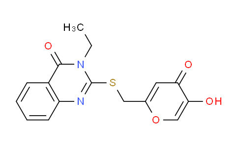 CAS No. 1417360-02-1, 3-Ethyl-2-(((5-hydroxy-4-oxo-4H-pyran-2-yl)methyl)thio)quinazolin-4(3H)-one